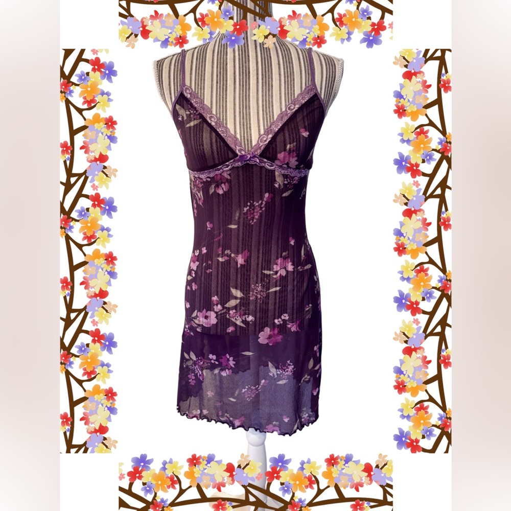 Feminine Cherry Pie Sheer Sleep dress in deep purple with scalloped trim size M